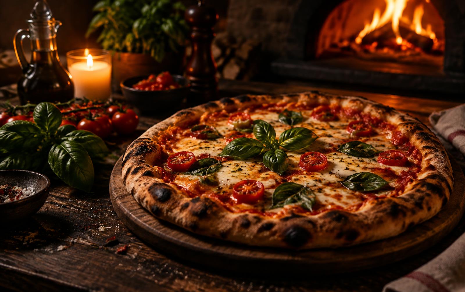 Steinofenpizza mit Basilikum vor dem Holzofen